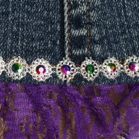 HAND CRAFTED Jacket Denim Upcycled Blue Jean Purple Lace Embellished XL - Picture 7 of 14